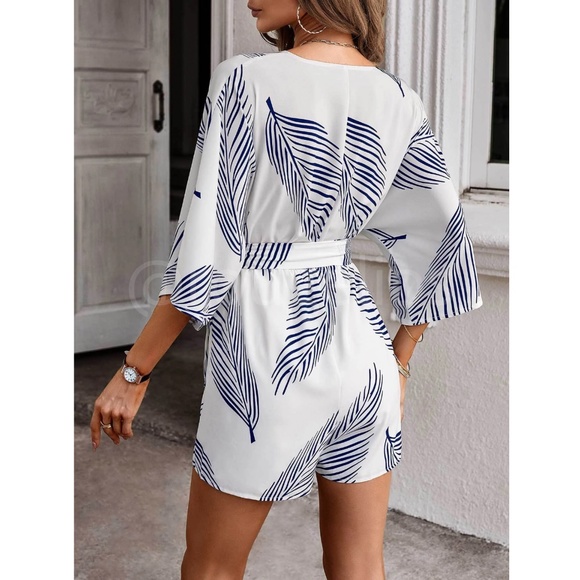Leaf Tropical Print Blue on White Romper Belted V-Neck - Picture 3 of 6